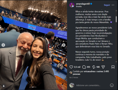 Amanda Gentil declara voto em Lula no segundo turno e celebra fim da escala 6x1